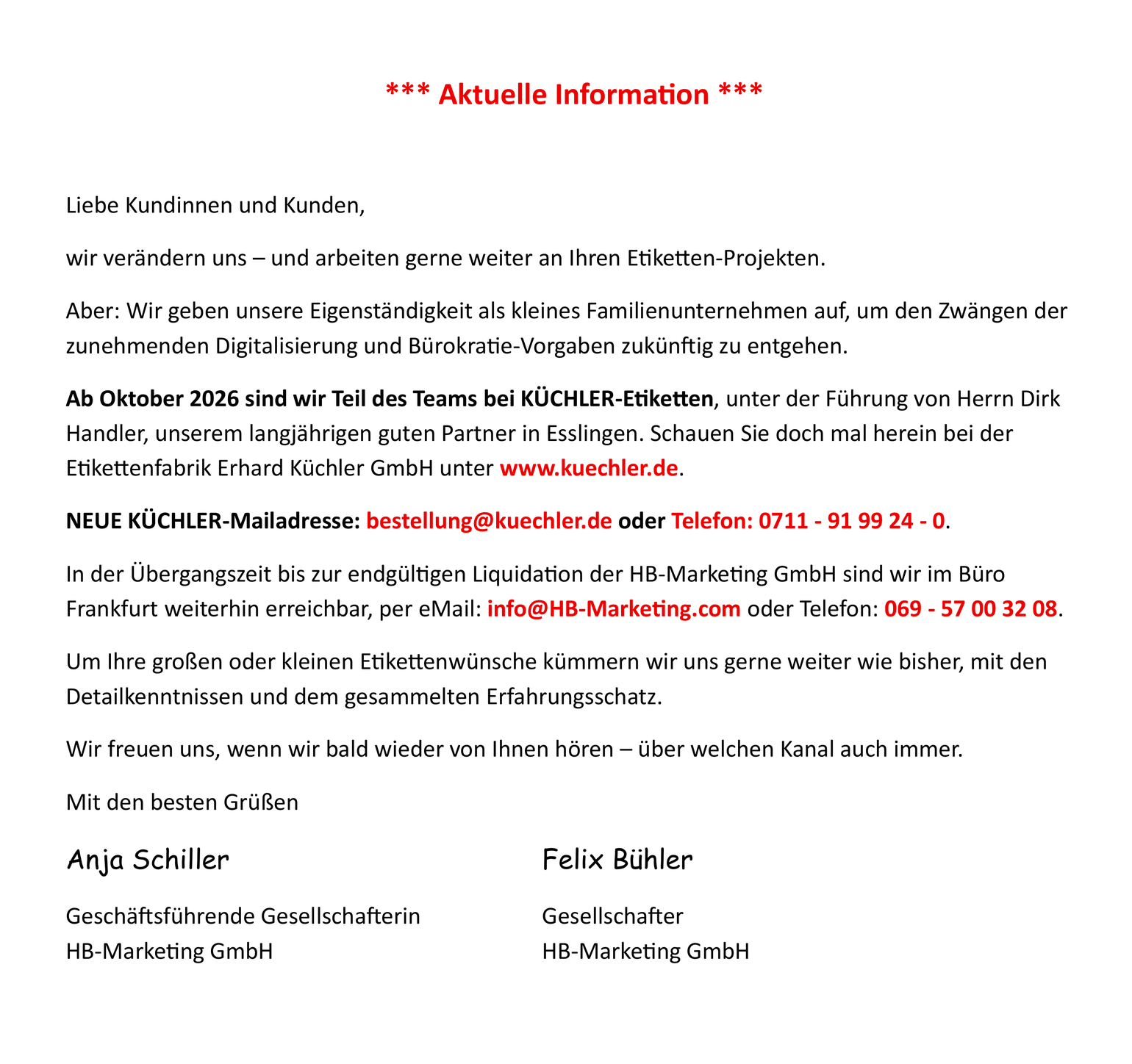 Aktuelle Information: Ab Oktober 2026 ist HB-Marketing Teil des Teams bei K&Uuml;CHLER-Etiketten (Etikettenfabrik Erhard K&uuml;chler GmbH, Esslingen, www.kuechler.de). Neue Bestelladresse: bestellung@kuechler.de, Telefon 0711 - 91 99 24 - 0. In der &Uuml;bergangszeit weiterhin erreichbar im B&uuml;ro Frankfurt: info@HB-Marketing.com, Telefon 069 - 57 00 32 08.